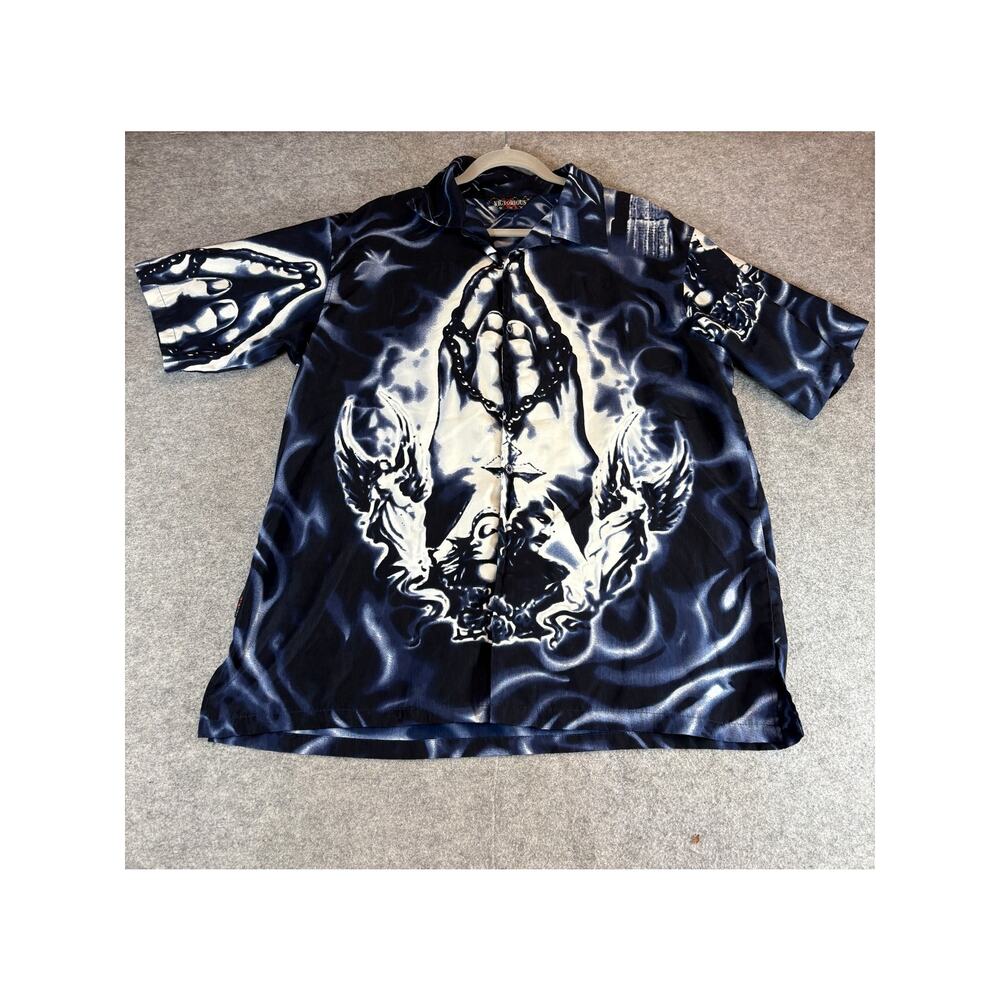 Victorious Button Up Shirt Mens XL Black Blue Flame Praying Hands Graphic Y2K